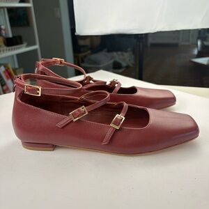Quince Women's Burgundy Strappy Flats Gold Buckles Zip Back